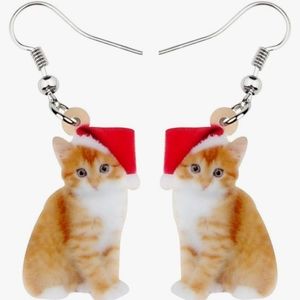 Yellow Tabby Marmalade Kitten Christmas Earrings Santa Hat Kittens Kitty Cat New